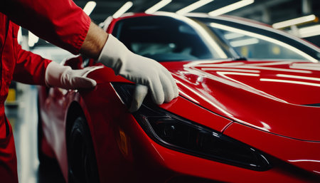 Car Detailing Close-Up of Professional Detailer Applying Ceramic Coating to a Red Sports Carの素材