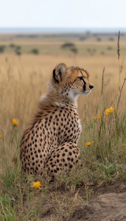 Alert Cheetah, Acinonyx Jubatus, Sits Serenely in Golden Grassland, Savanna Wildlife, on Safari.の素材