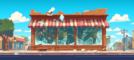 Abandoned, Cartoon Storefront with Vandalized Windows After Disaster Damaged Local Businessの素材