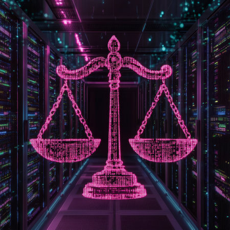 Digital Justice Scales of Justice Symbol in Server Room, Data Security, Cyber Law Concept.の素材