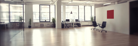 Empty Modern Open Space Office Interior With Desks And Chairs. Bokeh Background Meeting Presentationの素材