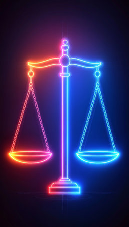 Glowing neon scales of justice on a dark background. Vector illustrationの素材