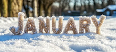 Word January Spelled Out in Snow Covered Letters during Winter, Scenic Winter Landscape Backgroundの素材