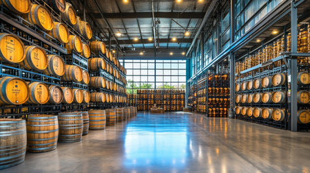 Rows of Oak Barrels in Spacious, Light-Filled, Industrial Style Distillery or Warehouseの素材