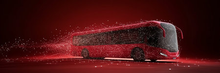 Red Digital Bus on a Technological Background, Depicting Connectivity Through Dots and Triangles.の素材