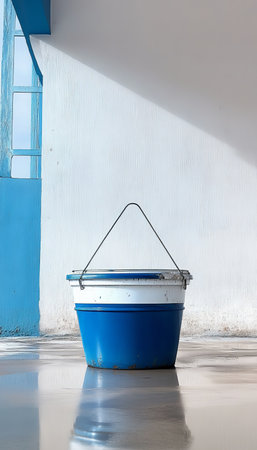 Blue and White Metal Bucket with Wire Handle, Isolated on White Background, Simple Cleaning Conceptの素材