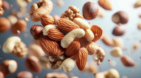 Flying mix of delicious nutritious nuts, almonds, pecans, hazelnuts on a grey backdrop.の素材