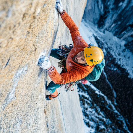 Male Mountaineer, Secured With Rope, Ascends a Steep, Snow Covered Mountain Face During Winterの素材