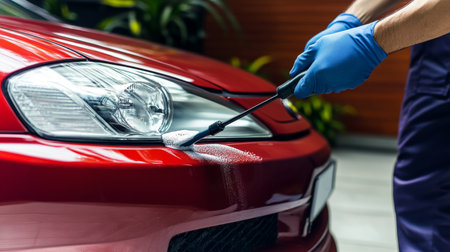 Detailing a Red Car Applying a Protective Coating to the Headlights for Enhanced Visibilityの素材