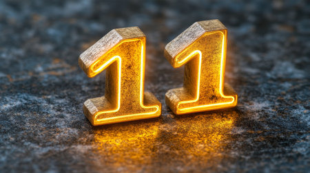 Golden Number 11. Luminous Yellow Neon Light Shining Through Shiny Metal Font. 3D Illustration.の素材