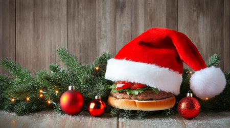 Christmas Burger with Santa Hat, Festive Lights and Pine Branches on Wooden Backgroundの素材