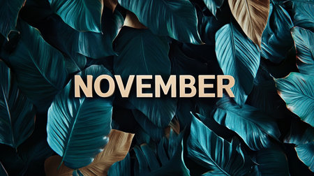 November Wooden Text On Lush Tropical Green Leaves Background With Bronze Leaf For Design, Promotionの素材