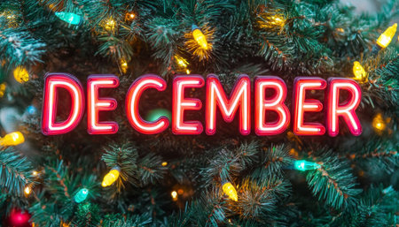 December Neon Sign on Christmas Tree with Twinkling Lights, Festive Holiday Backgroundの素材