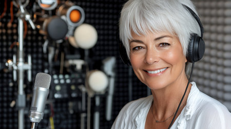 Smiling Mature Woman Creating Audio Content Recording Podcast With Microphone in Home Studioの素材