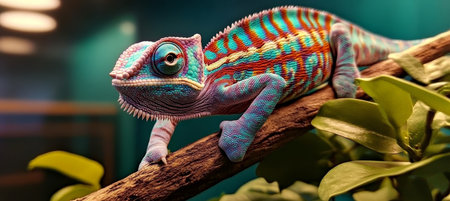 Vibrant Veiled Chameleon Perched on a Branch A Close-Up Profile of Its Striking Colorsの素材