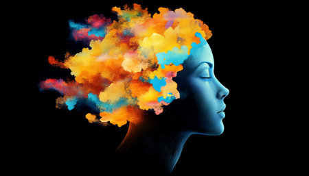 Woman With Colorful Explosion in Head. Concept of Creativity, Imagination. Side View Portraitの素材
