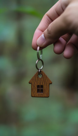 Small Wooden House Keychain Held In Hand Over Blurred Green Background With Copy Space.の素材