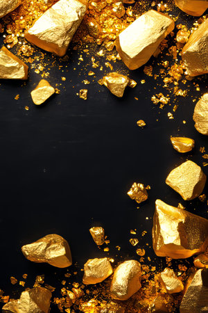 Gold nuggets and gold dust, isolated on a rough black background. Precious metal for investment.の素材