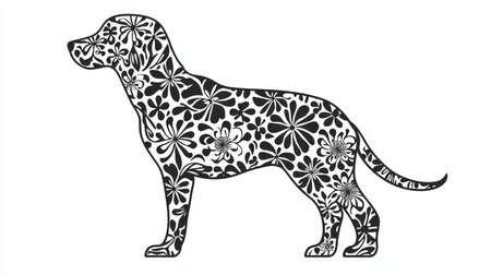 Floral Dog Silhouette. Decorative Pattern with Flowers. Vector Illustration for Coloring Book.の素材