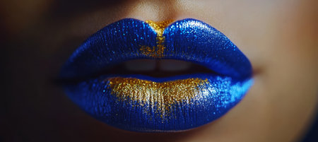 Close-Up Of Womans Lips With Gold And Dark Blue Metallic Lipstick, Beauty And Fashionの素材