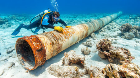 Underwater Inspection A Diver Examines a Rusted Submerged Pipeline in the Ocean Depthsの素材