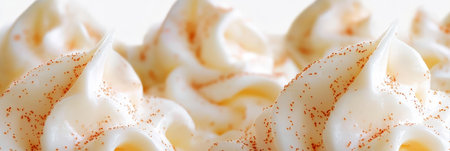 Close Up. Decorative Splashes, Swirls of White, Vanilla, Yogurt Dessert Topped With Nutmeg.の素材