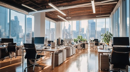 Modern Open Space Office Interior with City Skyline View, Sunlight, and Empty Desks Ready for Workの素材