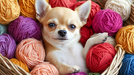 Playful Chihuahua Puppy Nestled in a Wicker Basket Overflowing with Colorful Yarn Ballsの素材