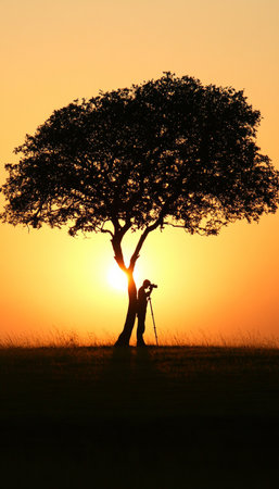 Silhouette Of Photographer Capturing Scenic Golden Sunset With Acacia Tree On Meadow, Africaの素材