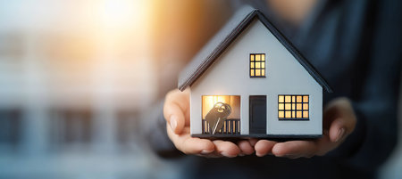 Real Estate Agent Holding Small Model House. Concept of Property, Investment, and New Home.の素材