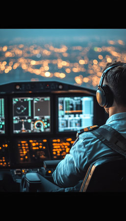 Pilot Flying Airplane Above City at Night with View of Cockpit Controls and Illuminated Dashboardの素材