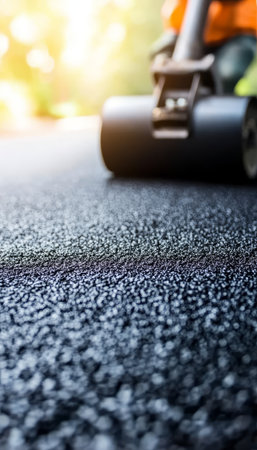 Road Roller Compacting Freshly Laid Asphalt on a Construction Site, Creating a Smooth Surface.の素材