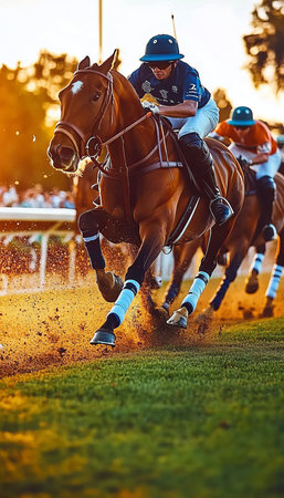 Horses and Jockeys Compete in a Thrilling Horse Race, Dust Flying as They Approach the Finish Line.の素材