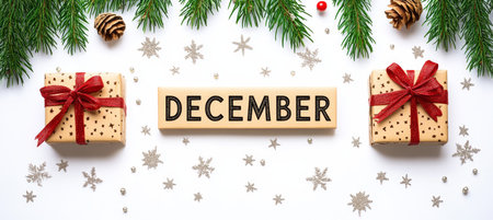December Festive Flat Lay Gifts, Evergreen Branches, and Silver Confetti on White Backgroundの素材