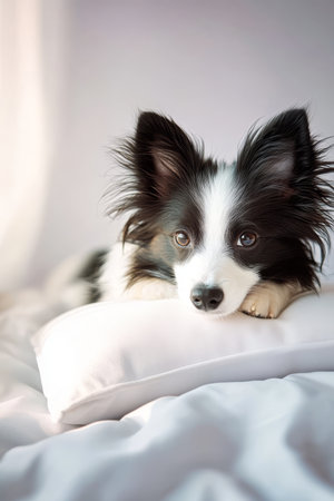 Cozy pet dog relaxing on sofa cushions in a minimalist scandinavian interior designの素材
