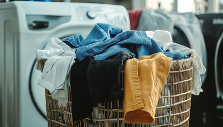 Wicker Laundry Basket Overflowing with Clothes, A Modern Washing Machine in the Background.の素材