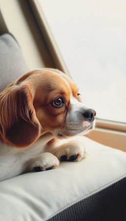 Pensive Beagle Puppy Relaxing on Comfortable Sofa, Minimalist Home Interior, Contemplative Petの素材