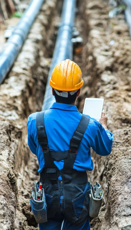 Engineer Inspects Pipeline Installation Modern Construction and Infrastructure Developmentの素材