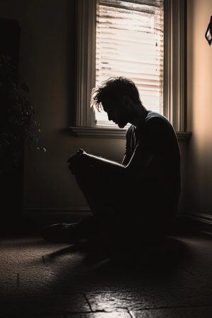Solitude and Despair Silhouette of Lonely Man in Dark Room, Conveying Mental Health Strugglesの素材
