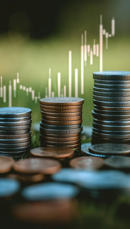 Financial Growth and Investment Concept. Stacks of Coins with Growing Chart in the Backgroundの素材