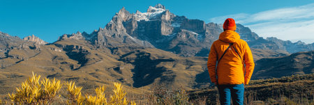 Explorer Admiring the Rugged Beauty of a Mountainous Desert Landscape Under a Blue Skyの素材