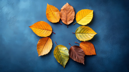 Autumn, Colorful Fallen Leaves Arranged in Circle, Seasonal Display with Natural Backdrop.の素材