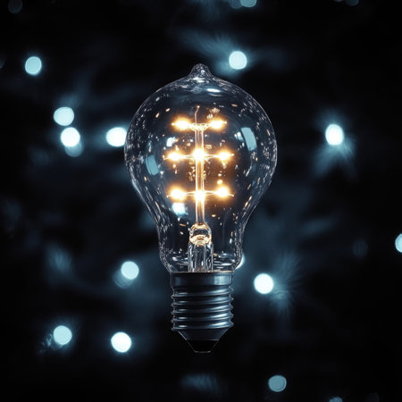 Glowing Filament Bulb With Network Pattern Against Defocused Blue Lights, Innovation Concept.の素材