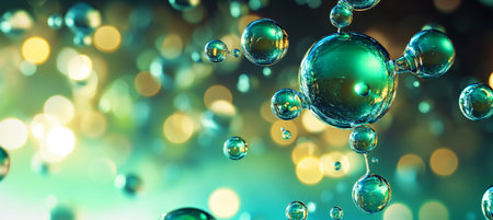 Green H2 Hydrogen Gas Renewable Energy Water Molecule Abstract 3D Bubble Molecular Structureの素材