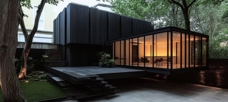 Modern Black House Exterior with Large Windows and Wood Deck, Surrounded by Lush Greeneryの素材