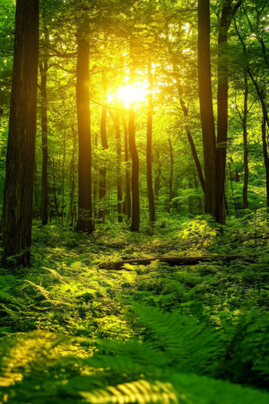 Magical Sunbeams Through Canopy, Towering Trees and Vibrant Green Ferns in Enchanted Forestの素材