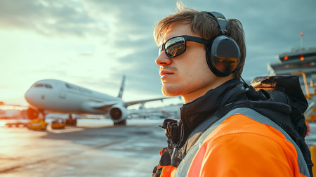 Airport Ground Crew Worker with Headphones Prioritizes Workplace Safety, Ensuring Smooth Operationsの素材