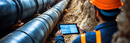 Engineer Using Digital Tablet Inspects Large Pipeline Installation Inside a Construction Trenchの素材