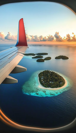 Airplane Wing Soaring Over Tropical Islands, Turquoise Ocean, and Golden Clouds at Sunset.の素材