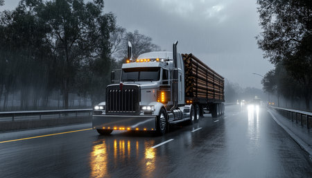 Logging Truck on a Rain-Slicked Highway Through the Foggy Forest, Transport, Industryの素材